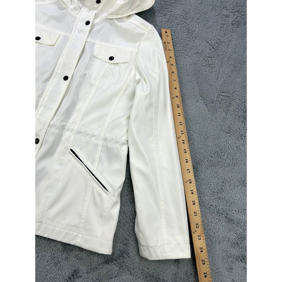 Guess Coat Rain Jacket Women Large Ivory Hooded‎ Pockets Sleek NWOT - Picture 6 of 13